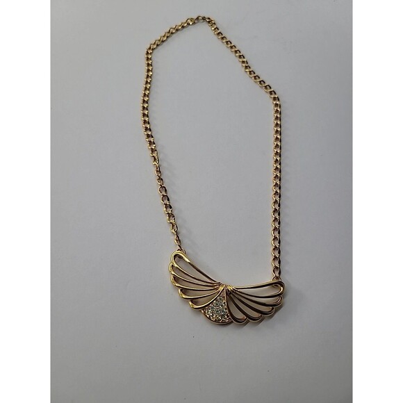 Vintage Necklace Wings Gold Tone White Crystals Chain Jewelry Costume - Picture 10 of 15